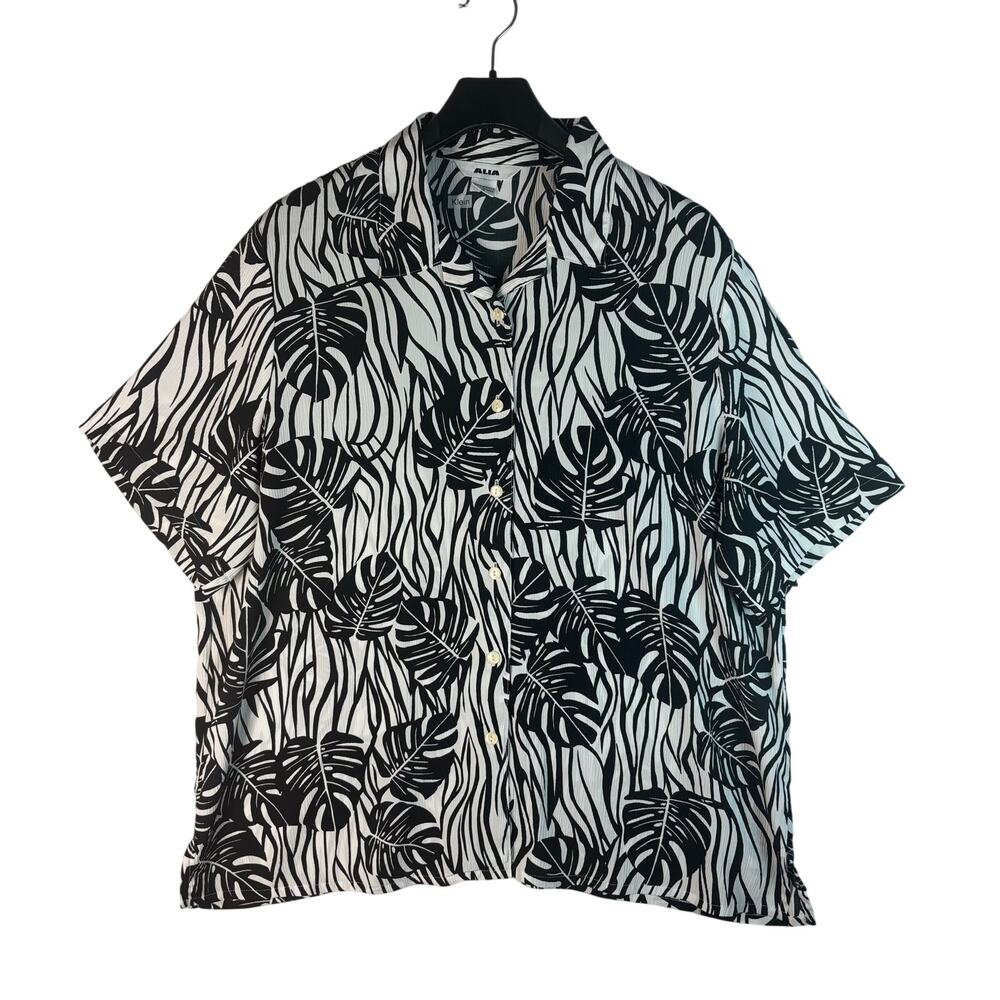 ALIA Black/White Leaf Pattern Button Front Collared Womens Blouse Size 18